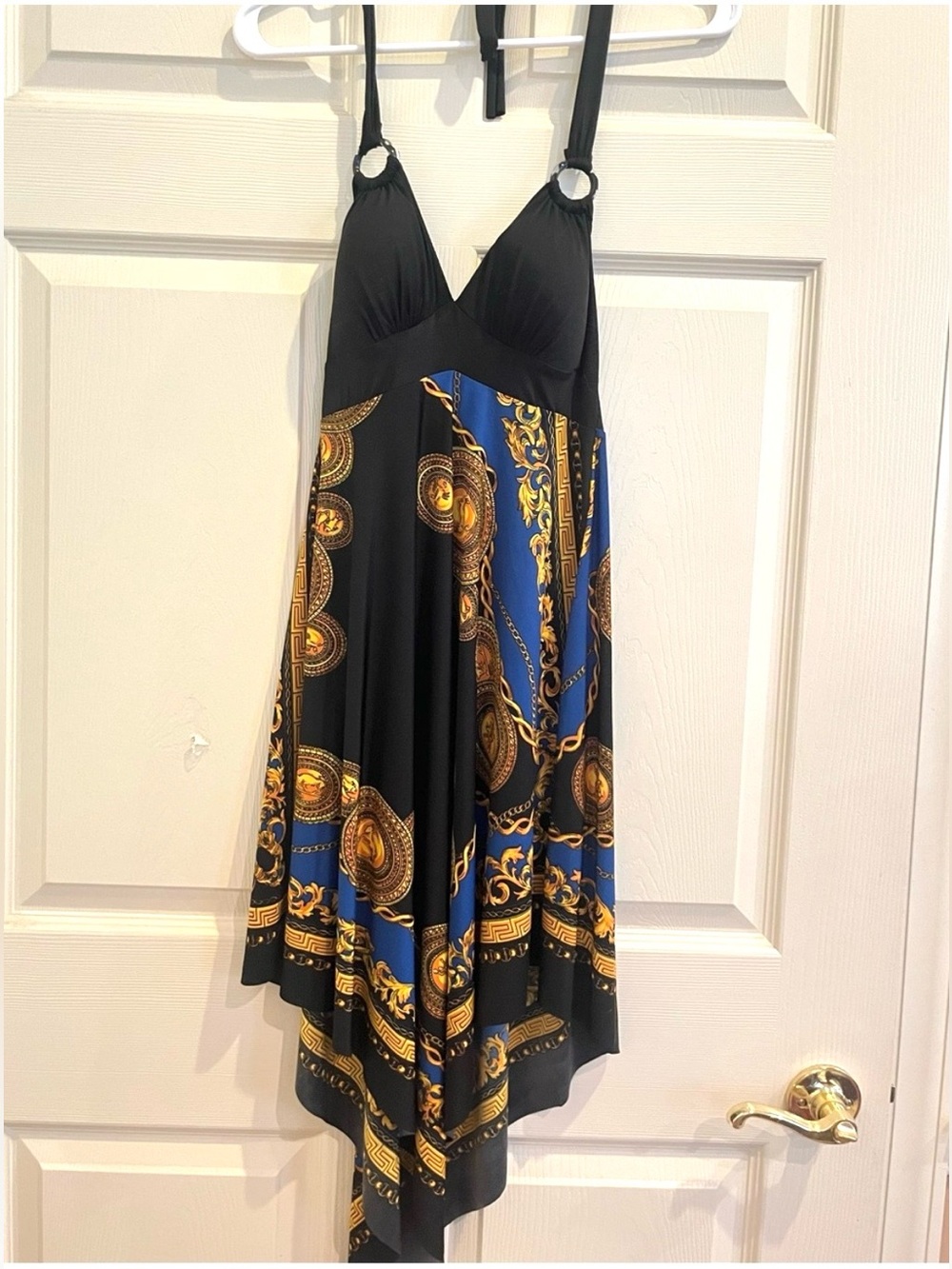 FLAMINGO Black & Blue Baroque Print Handkerchief Hem Dress